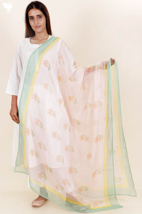 Kota Doria Dupatta In Floral Block Print